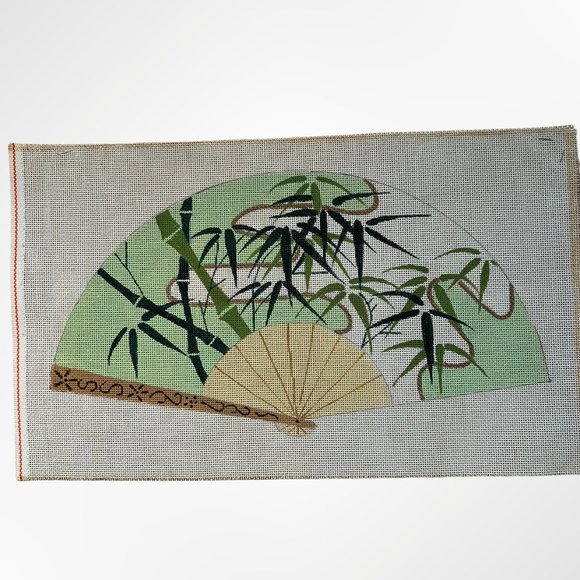 Hand Painted Vintage Needlepoint Canvas Asian Fan with Bamboo - Picture 2 of 5